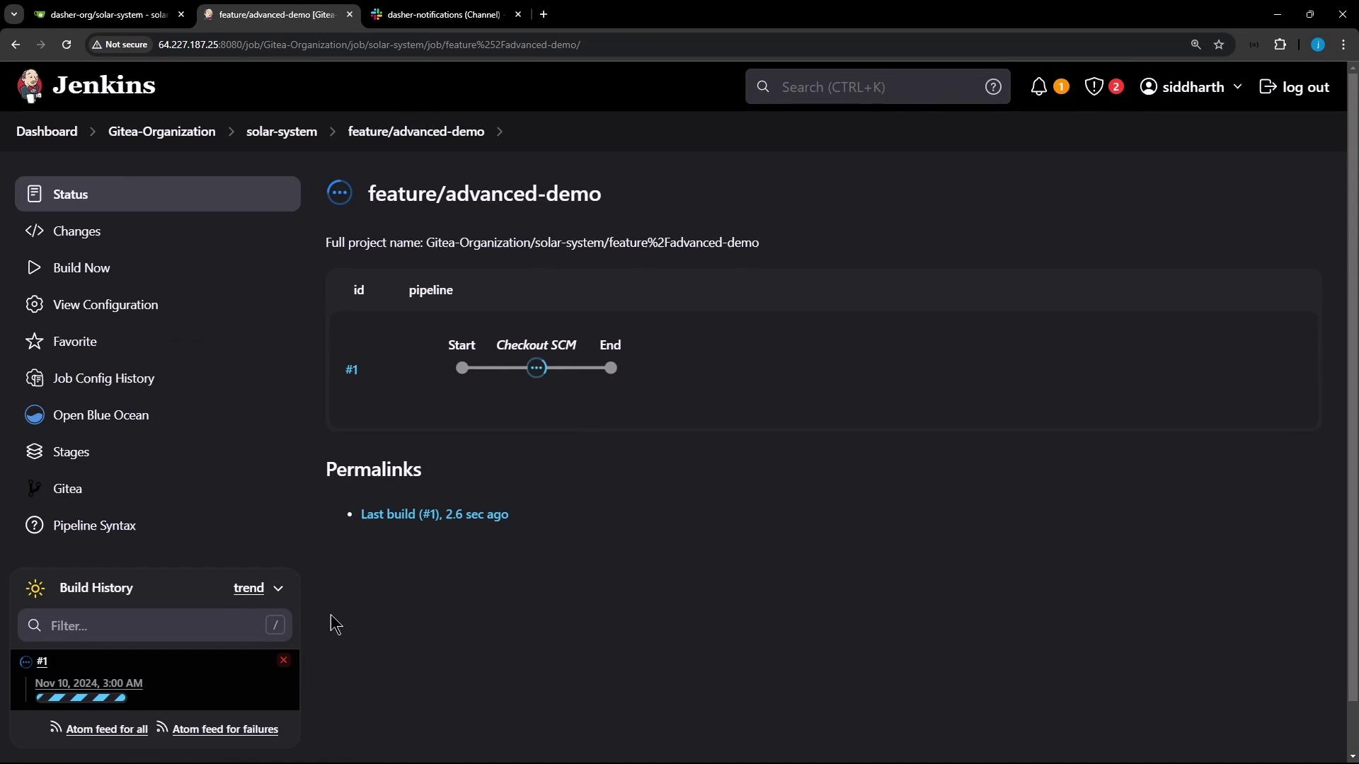The image shows a Jenkins dashboard displaying the status of a pipeline for a project named "feature/advanced-demo," with a build history and permalink to the last build.