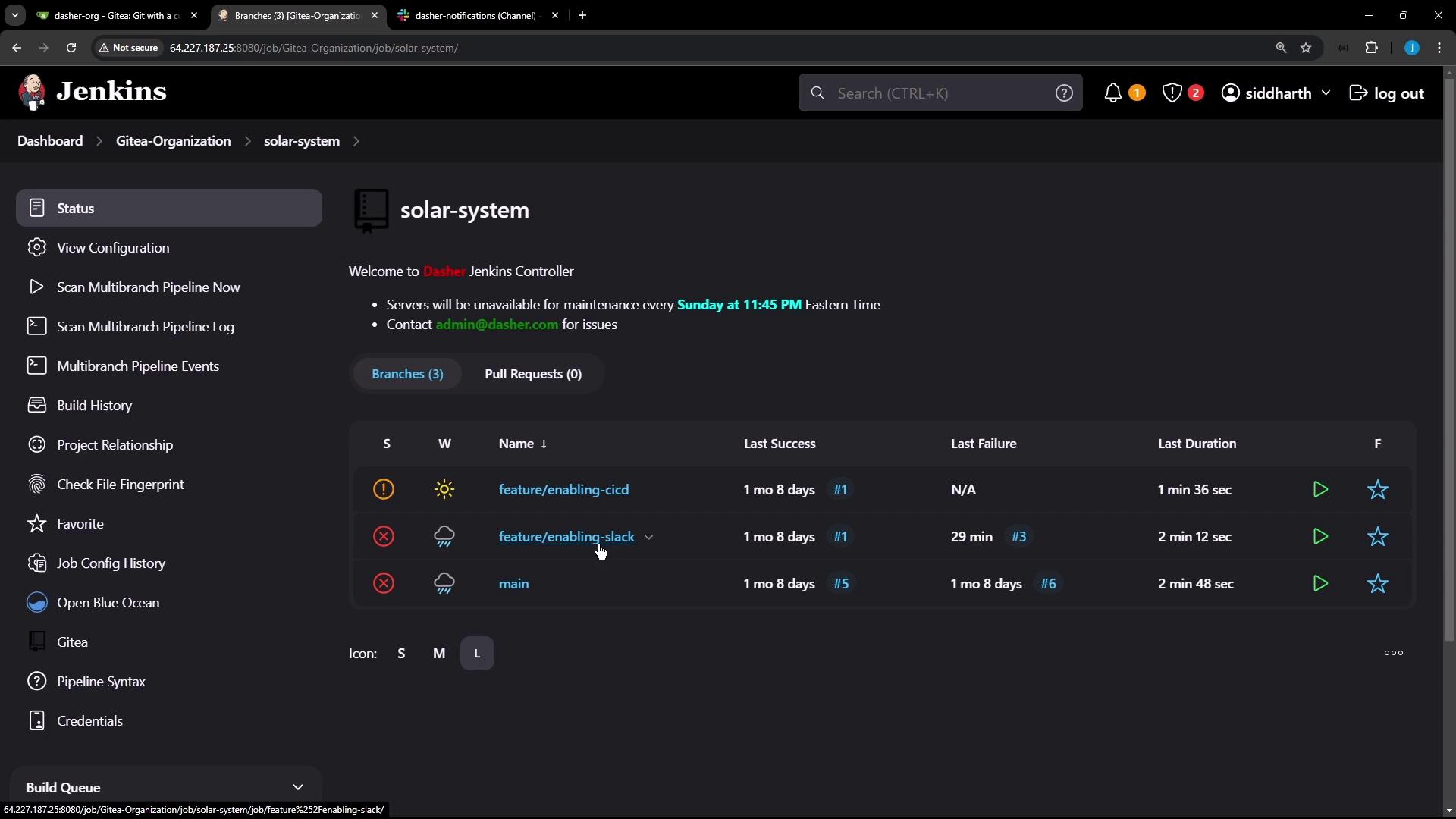 The image shows a Jenkins dashboard for a project named "solar-system," displaying the status of different branches with their last success, last failure, and duration times.