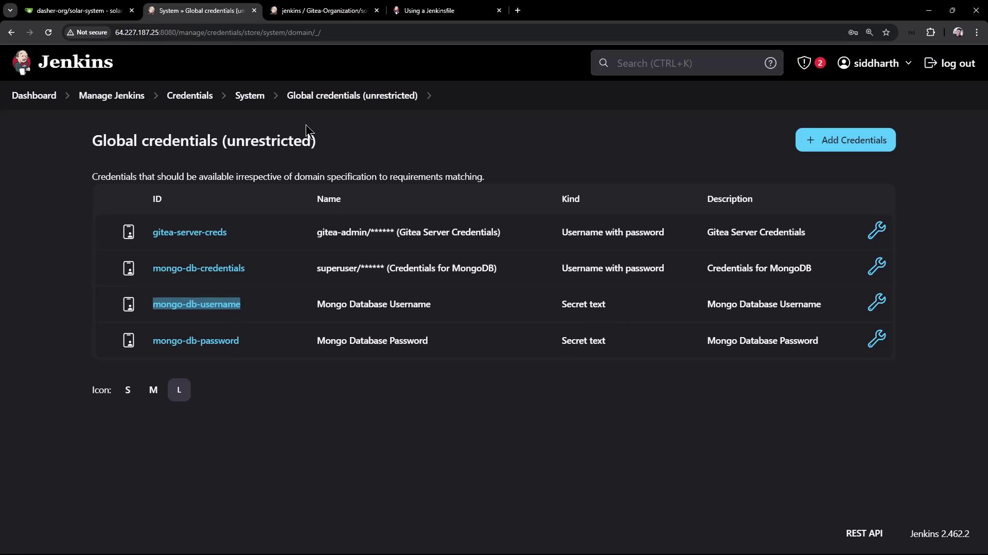 The image shows a Jenkins interface displaying a list of global credentials, including Gitea server and MongoDB credentials, with options to add or edit them.