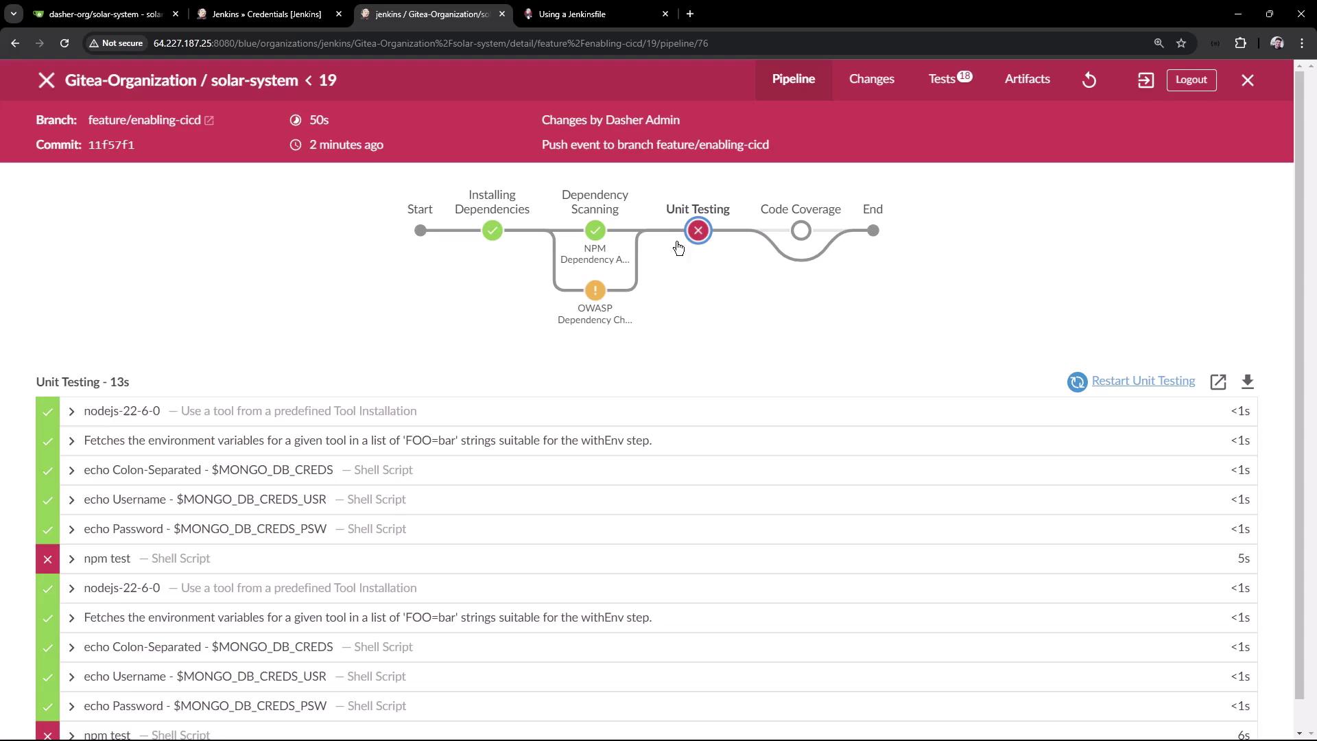 The image shows a Jenkins pipeline interface with a visual representation of a build process, highlighting a failed unit testing step. It includes details of the steps executed and their status.