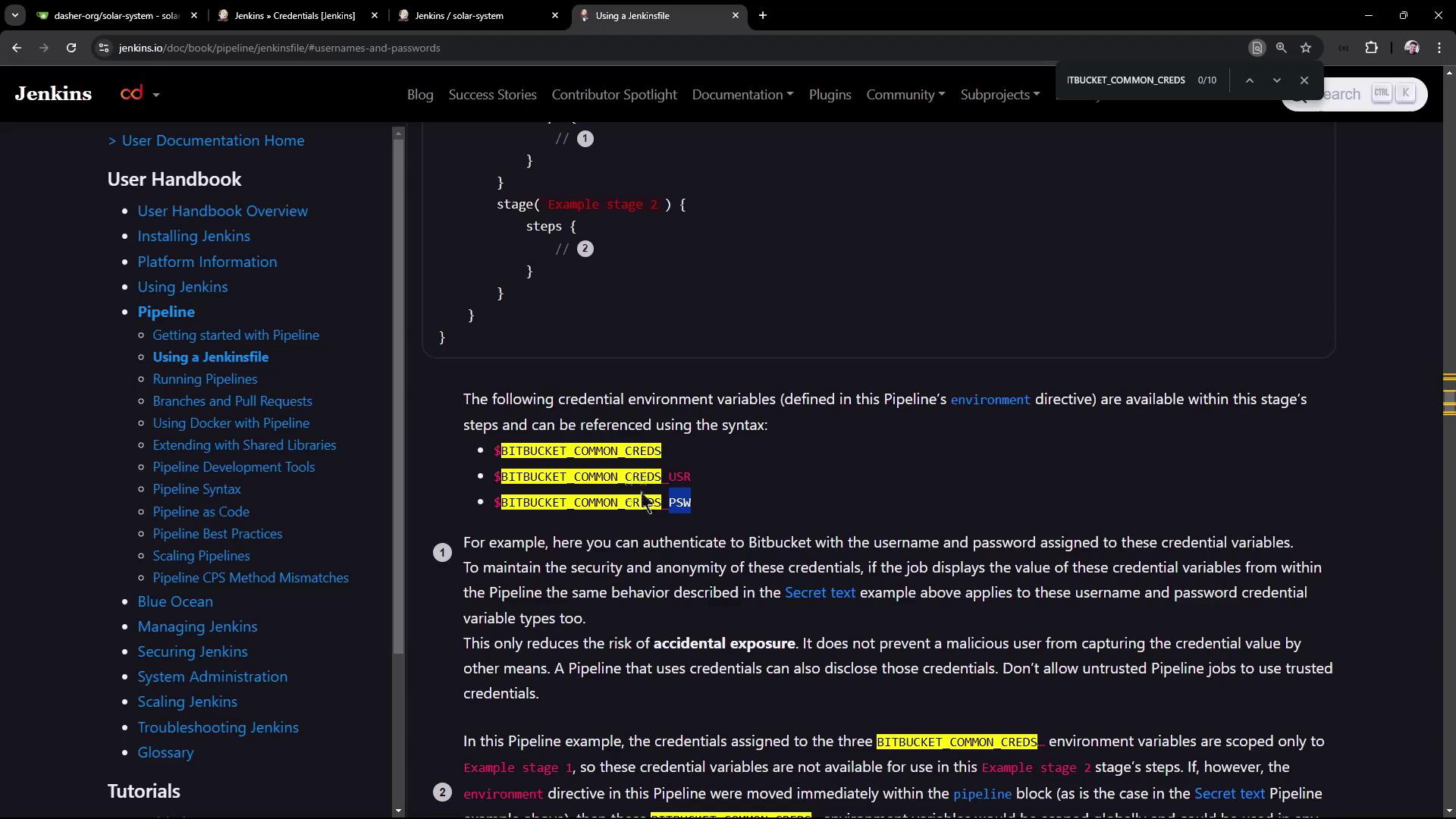 The image shows a webpage from the Jenkins documentation, specifically focusing on using a Jenkinsfile with credential environment variables. It includes code snippets and explanations about handling credentials in a Jenkins pipeline.