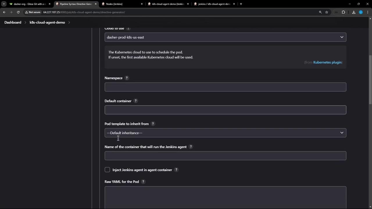 The image shows a Jenkins dashboard interface for configuring Kubernetes cloud agent settings, including fields for cloud selection, namespace, and container options.