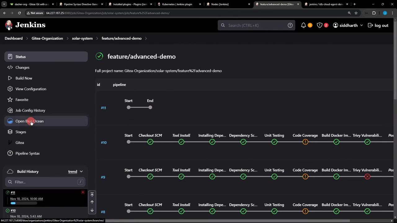 The image shows a Jenkins dashboard displaying the status of a pipeline for a project named "feature/advanced-demo," with various stages like "Checkout SCM," "Tool Install," and "Unit Testing" marked with success or failure indicators. The interface includes navigation options on the left and a build history at the bottom.