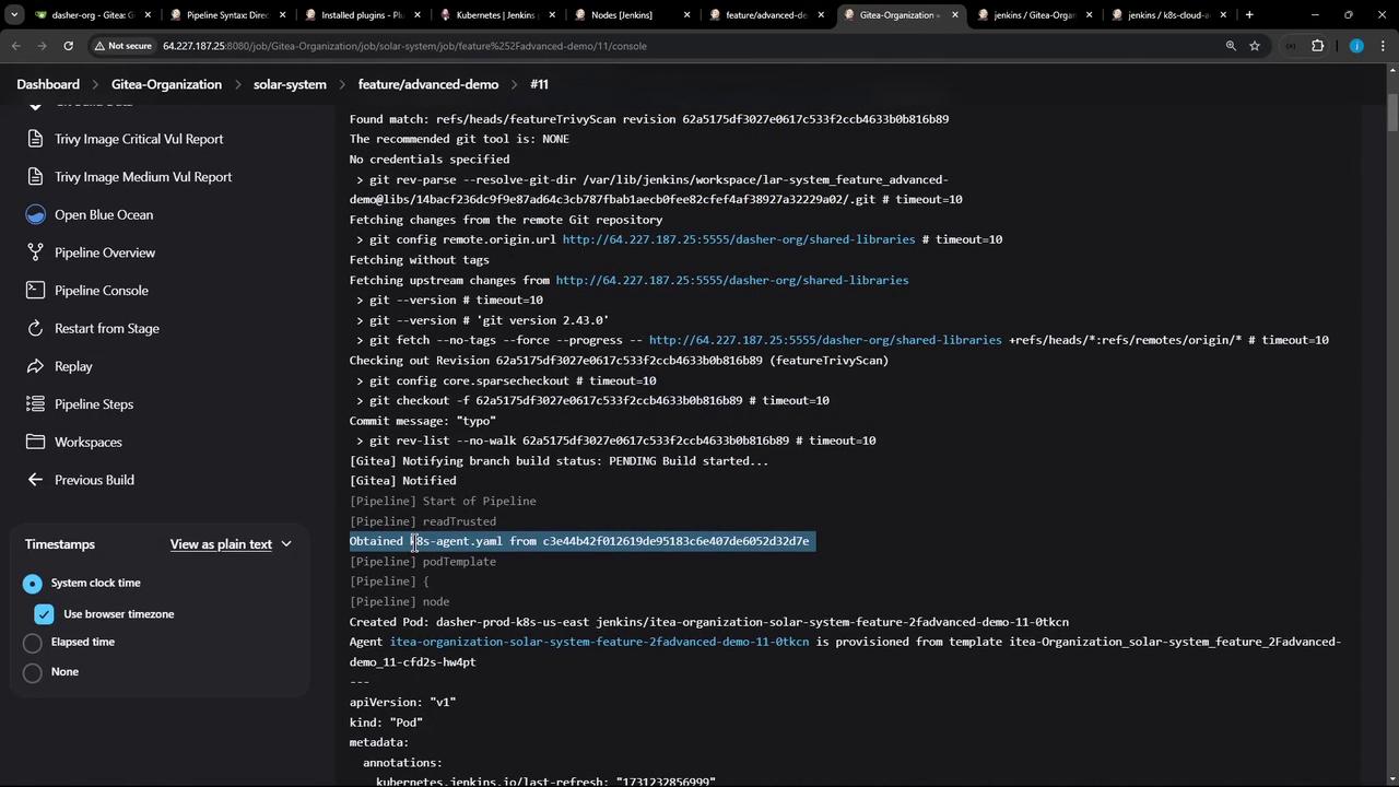 The image shows a Jenkins pipeline console output with details about a build process, including Git operations and YAML file retrieval. The interface includes options for viewing timestamps and navigating through pipeline stages.
