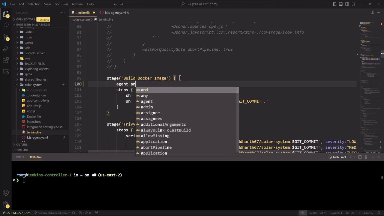 The image shows a Visual Studio Code interface with a Jenkinsfile open, displaying code for building a Docker image. There's also a terminal at the bottom connected to a remote server.