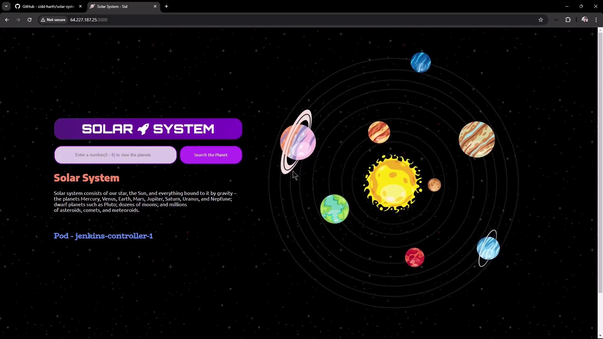 The image shows a stylized representation of the solar system with planets orbiting the sun, accompanied by a search interface for exploring the planets.
