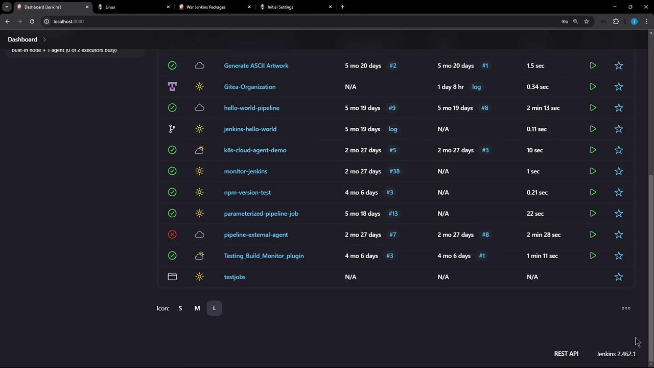 The image shows a Jenkins dashboard displaying a list of various jobs with their statuses, build times, and other details. The interface includes options for running and managing these jobs.