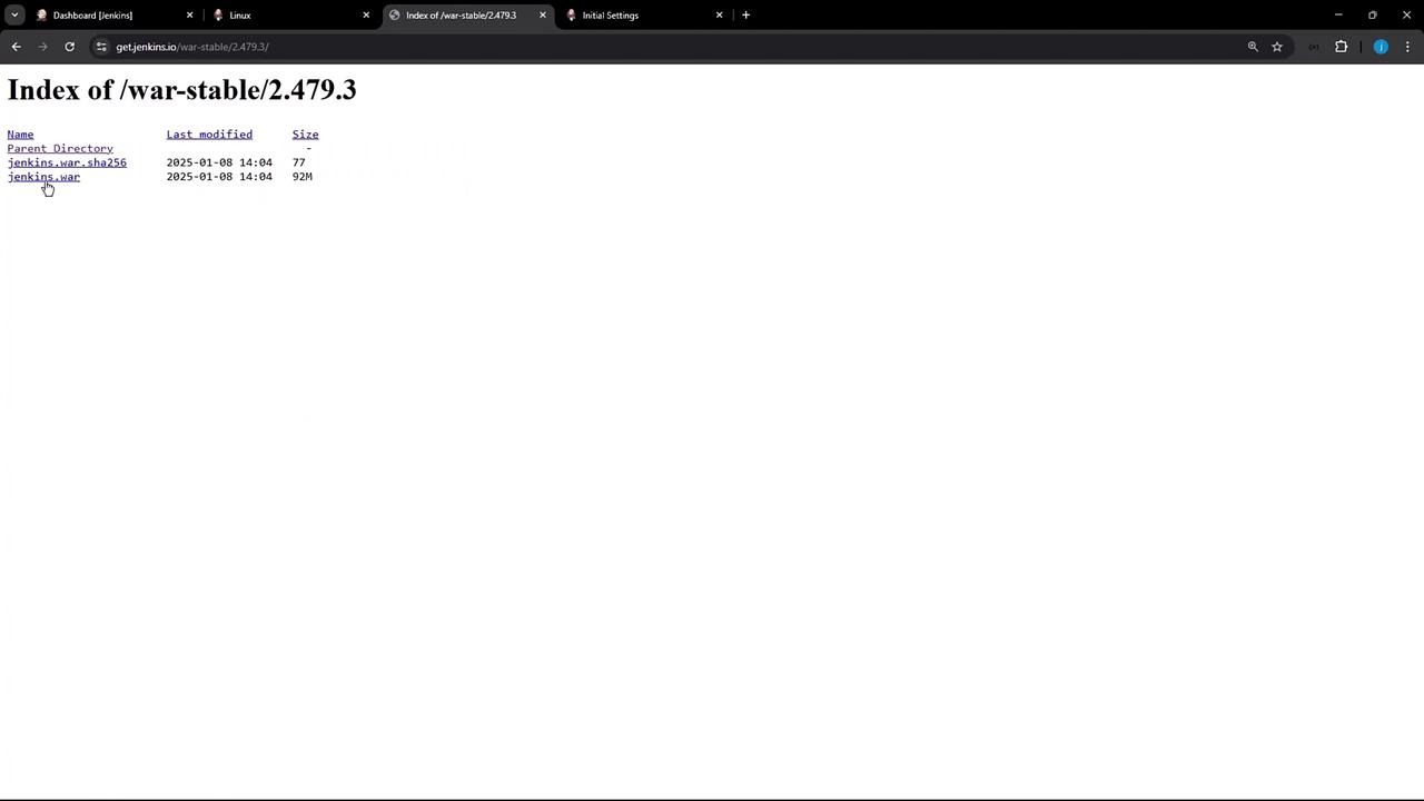 The image shows a directory listing on a website, displaying files related to Jenkins, including "jenkins.war" and its SHA256 checksum.