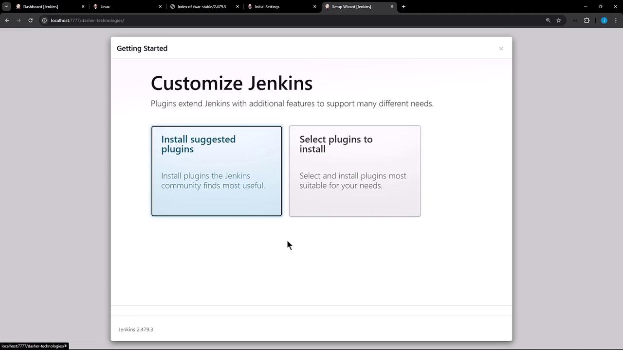 The image shows a Jenkins setup wizard screen with options to "Install suggested plugins" or "Select plugins to install."
