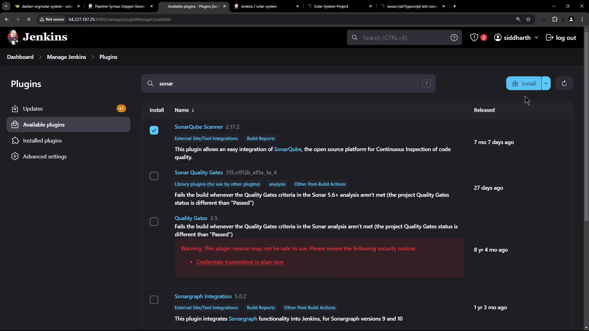 The image shows the Jenkins plugin management interface, specifically the "Available plugins" section, with a search for "sonar" displaying plugins like SonarQube Scanner and Sonar Quality Gates.