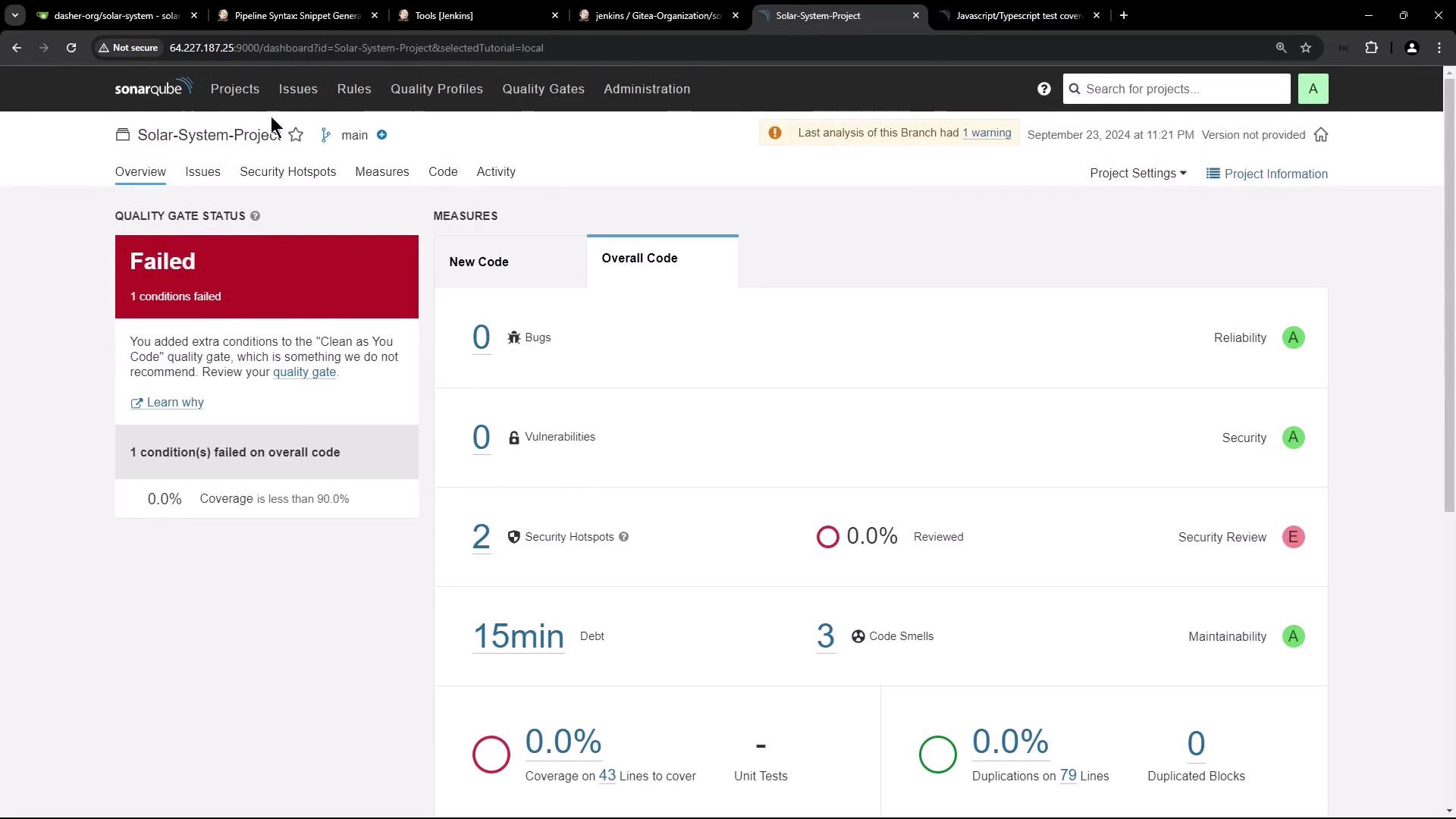The image shows a SonarQube dashboard for a project named "Solar-System-Project," indicating a failed quality gate due to insufficient code coverage. It displays metrics such as bugs, vulnerabilities, security hotspots, and code smells.