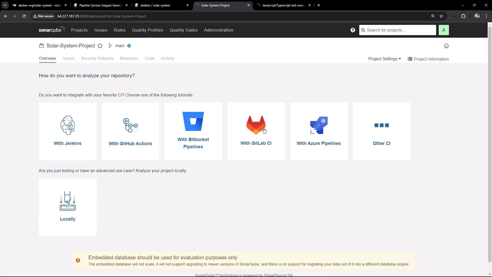 The image shows a SonarQube dashboard for a project named "Solar-System-Project," offering integration options with various CI tools like Jenkins, GitHub Actions, and GitLab CI. There is also a note about the embedded database being for evaluation purposes only.