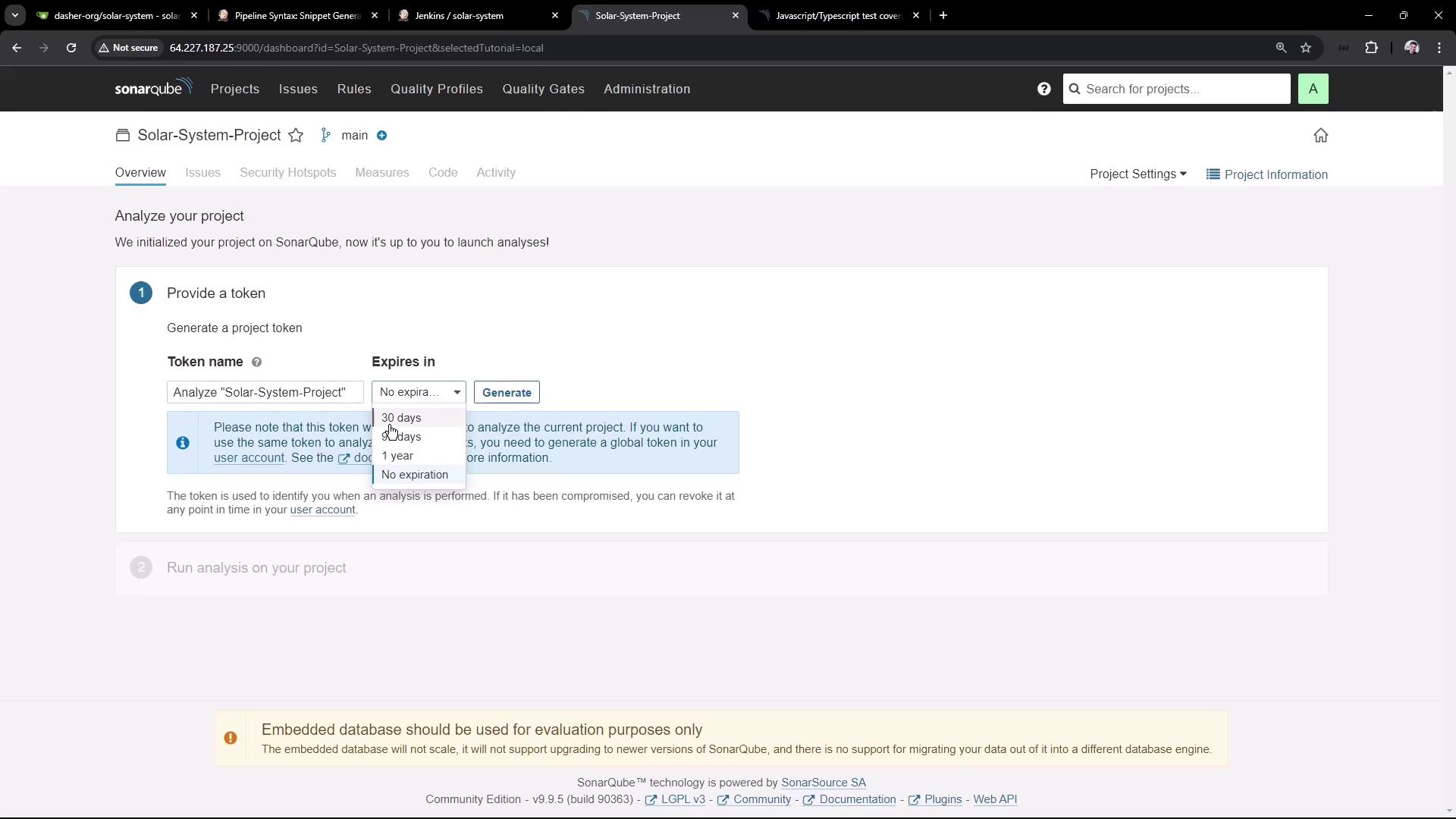 The image shows a SonarQube dashboard for a project named "Solar-System-Project," where a token is being generated for project analysis. There is a dropdown menu for setting the token expiration, with options like 30 days, 1 year, and no expiration.