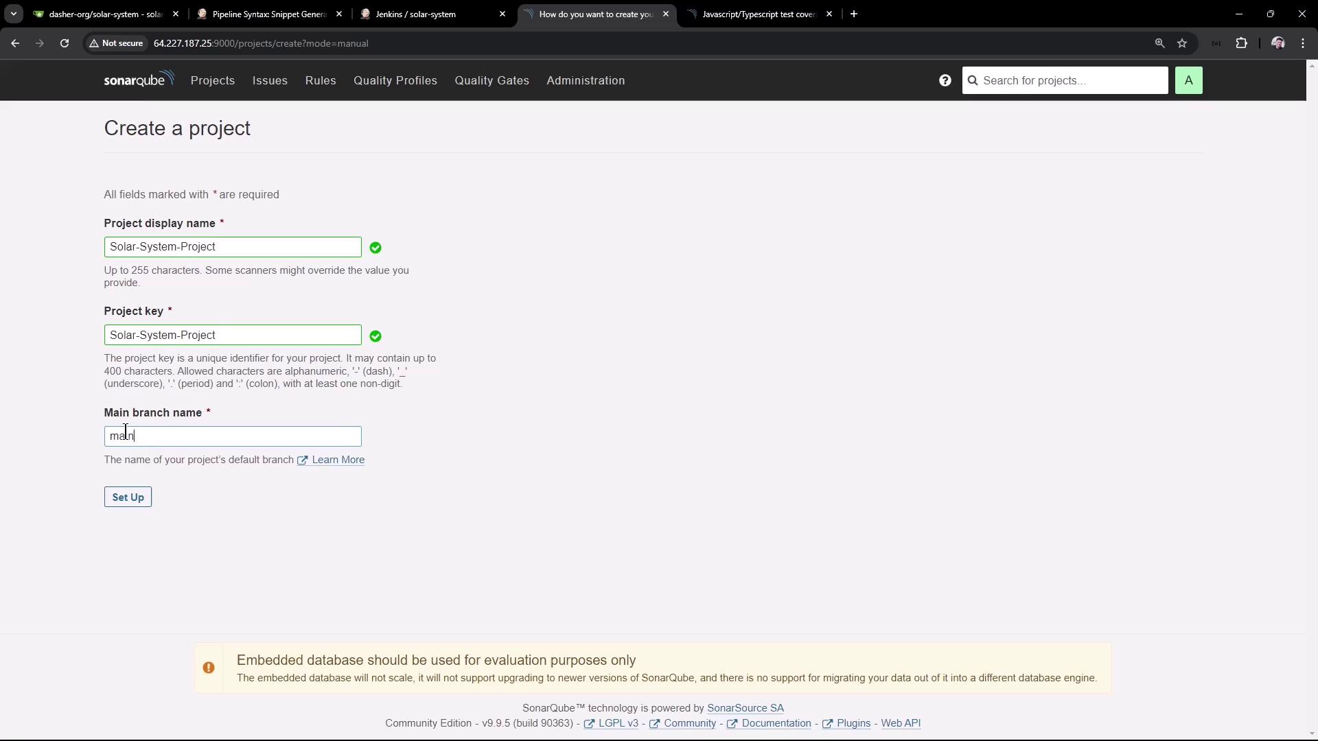 The image shows a SonarQube interface for creating a new project, with fields for project display name, project key, and main branch name. The project is named "Solar-System-Project."