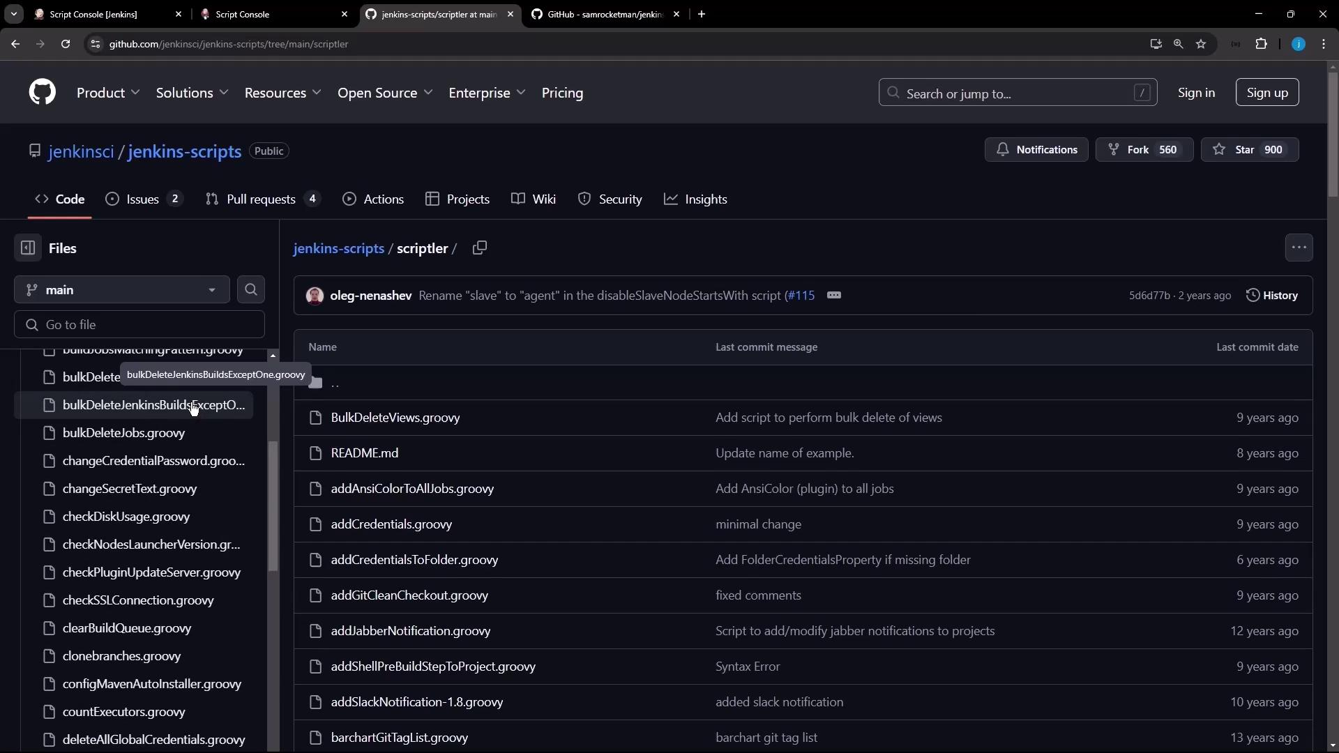 The image shows a GitHub repository page for "jenkinsci/jenkins-scripts" with a list of Groovy script files and their last commit messages.