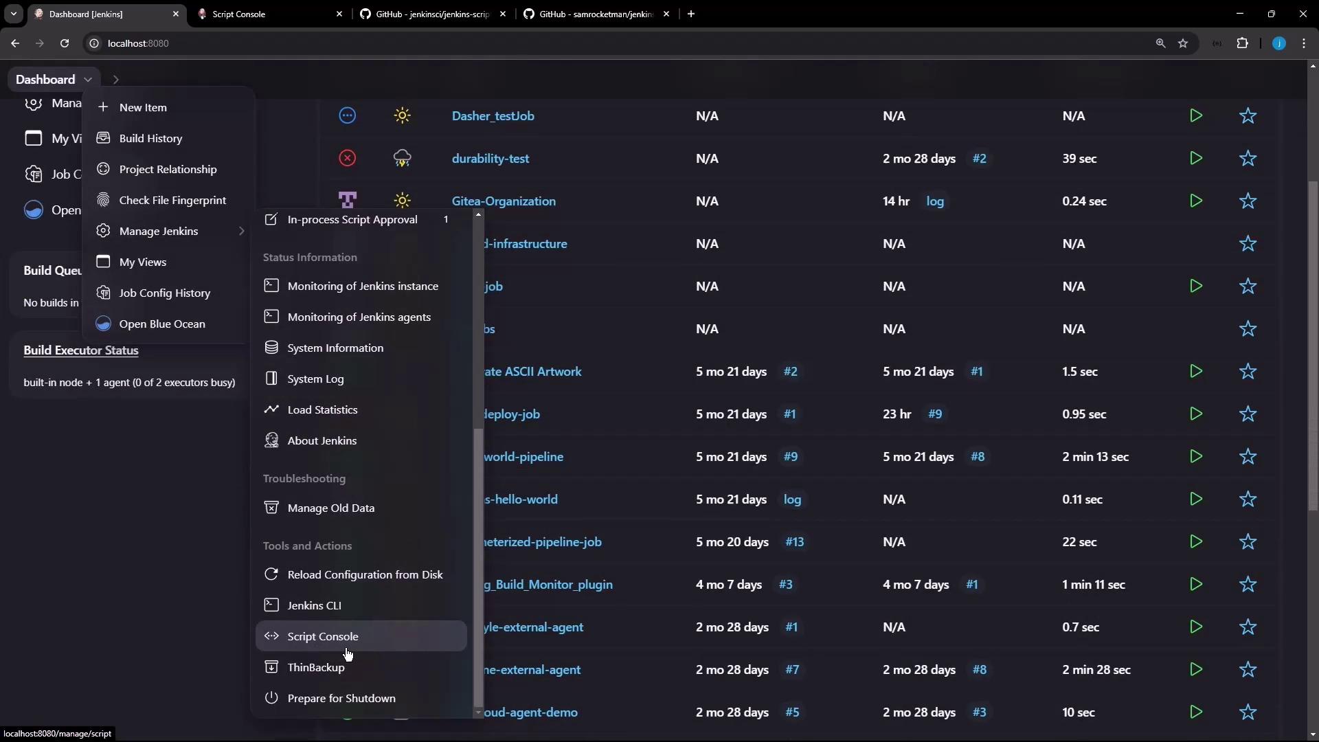 The image shows a Jenkins dashboard with a dropdown menu open, displaying various options like "New Item," "Build History," and "Script Console." The background lists different Jenkins jobs with their statuses and execution times.