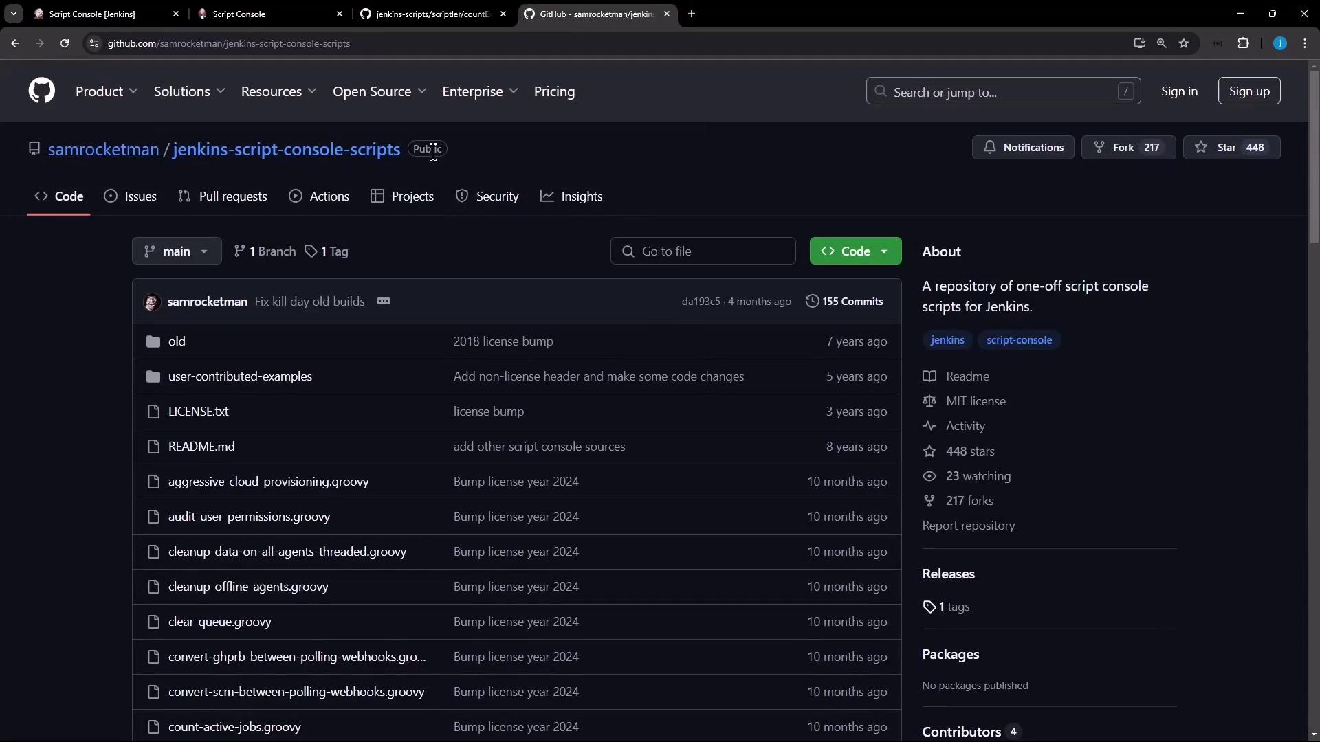 This image shows a GitHub repository page for "jenkins-script-console-scripts" by "samrocketman," featuring a list of files and directories related to Jenkins script console scripts. The repository is public and includes details like the number of stars, forks, and commits.