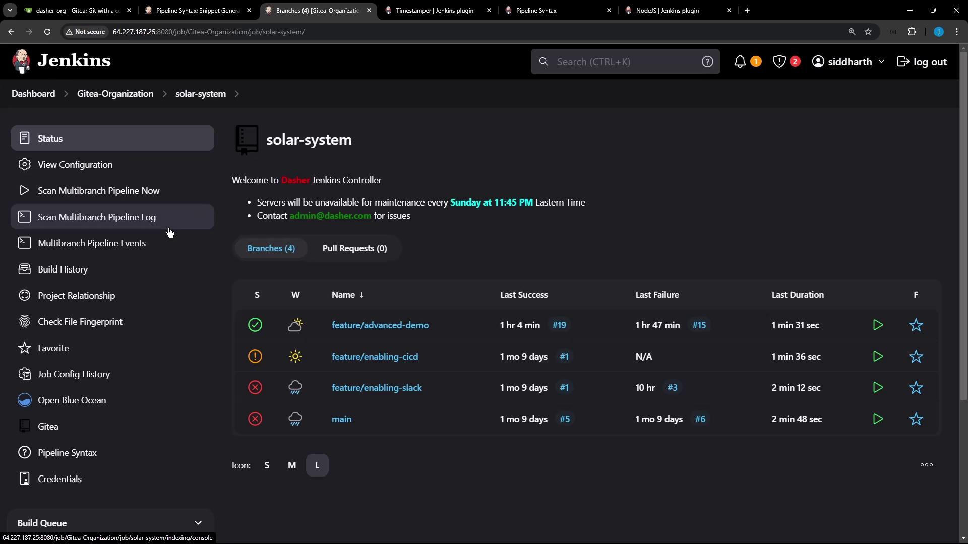 The image shows a Jenkins dashboard for a project named "solar-system," displaying the status of various branches with details on their last success, last failure, and duration.