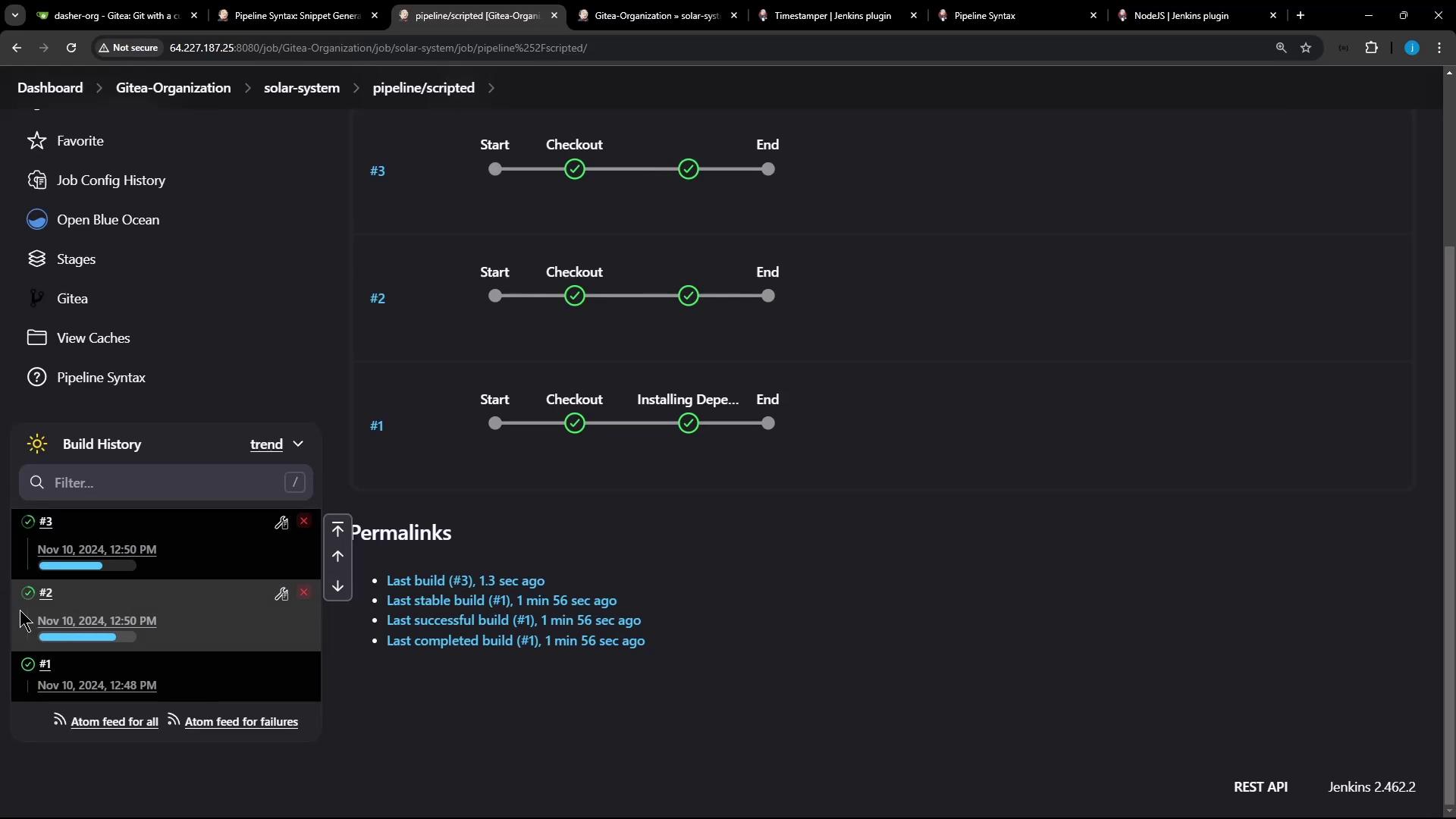 The image shows a Jenkins pipeline interface with build history and stages for a project named "solar-system." It displays the status of three builds, including their start, checkout, and end stages.