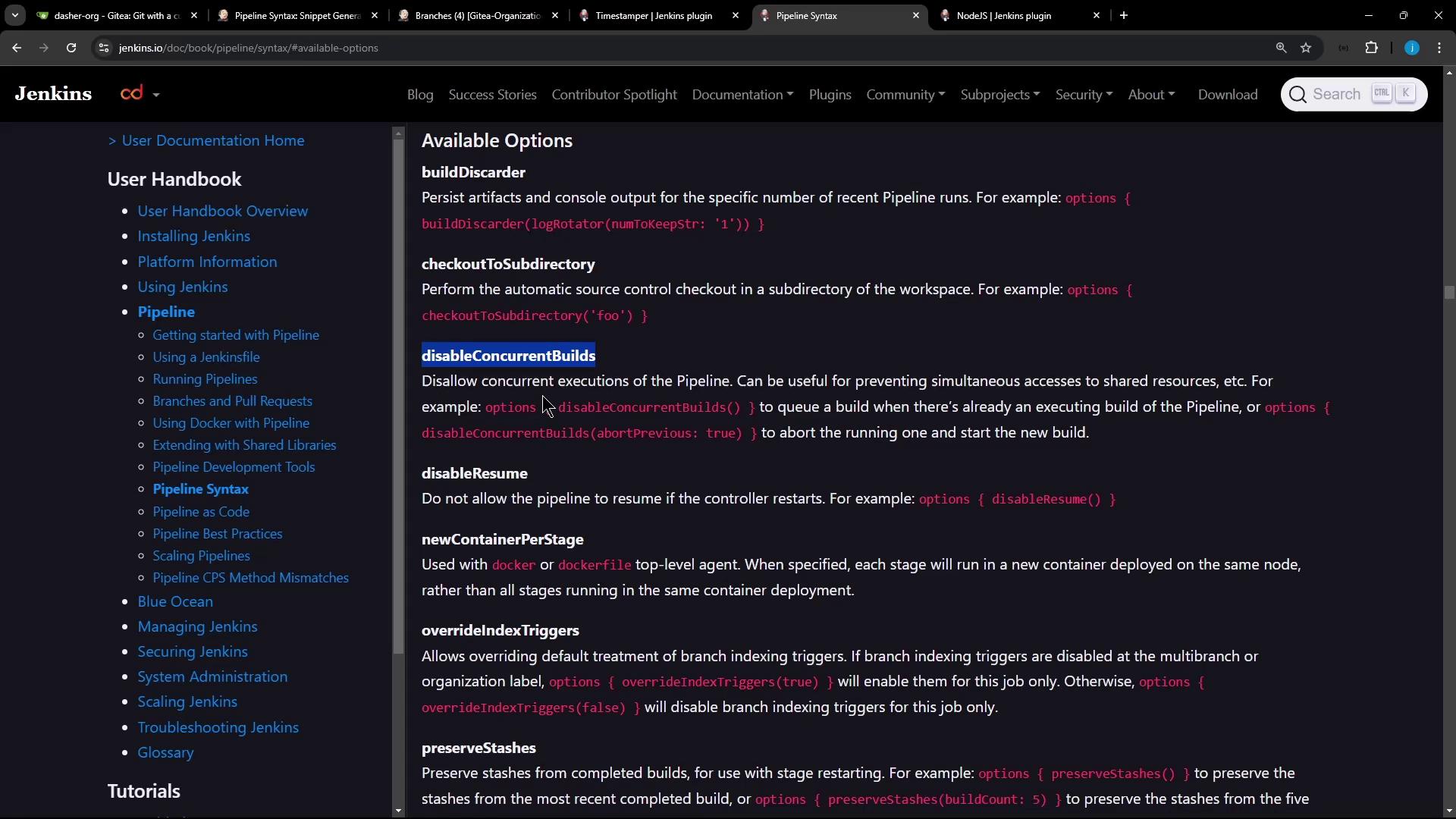 The image shows a webpage from the Jenkins documentation, specifically detailing pipeline syntax options. It includes a sidebar with navigation links and a main section describing various options like `disableConcurrentBuilds` and `disableResume`.
