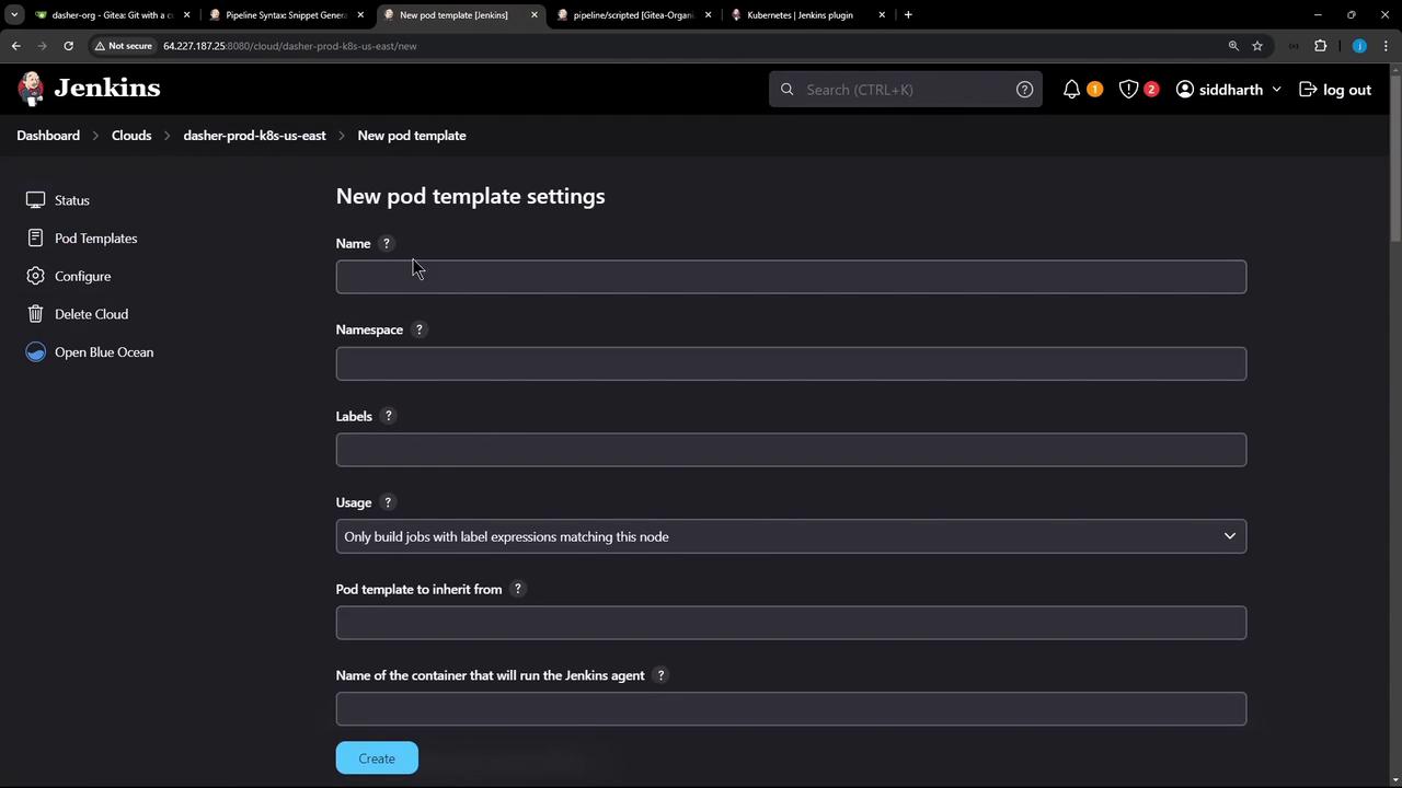 The image shows a Jenkins interface for creating a new pod template, with fields for name, namespace, labels, usage, and other settings.