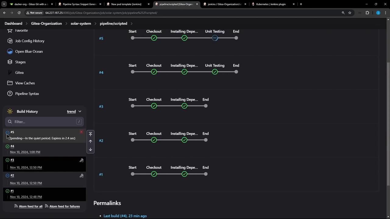 The image shows a Jenkins pipeline interface with multiple build stages, including "Start," "Checkout," "Installing Dependencies," "Unit Testing," and "End." The build history is displayed on the left, showing the status and timestamps of recent builds.