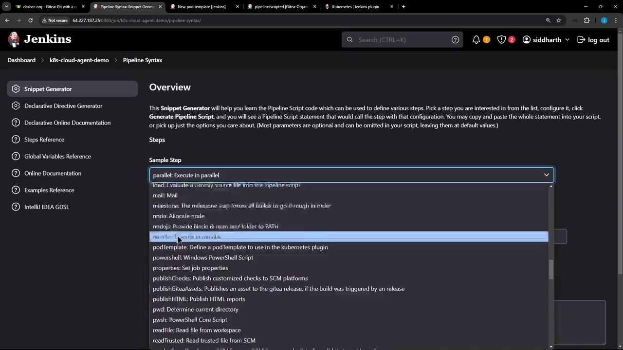 The image shows a Jenkins interface with the "Snippet Generator" section open, displaying options for generating pipeline scripts. A dropdown menu lists various sample steps for configuration.