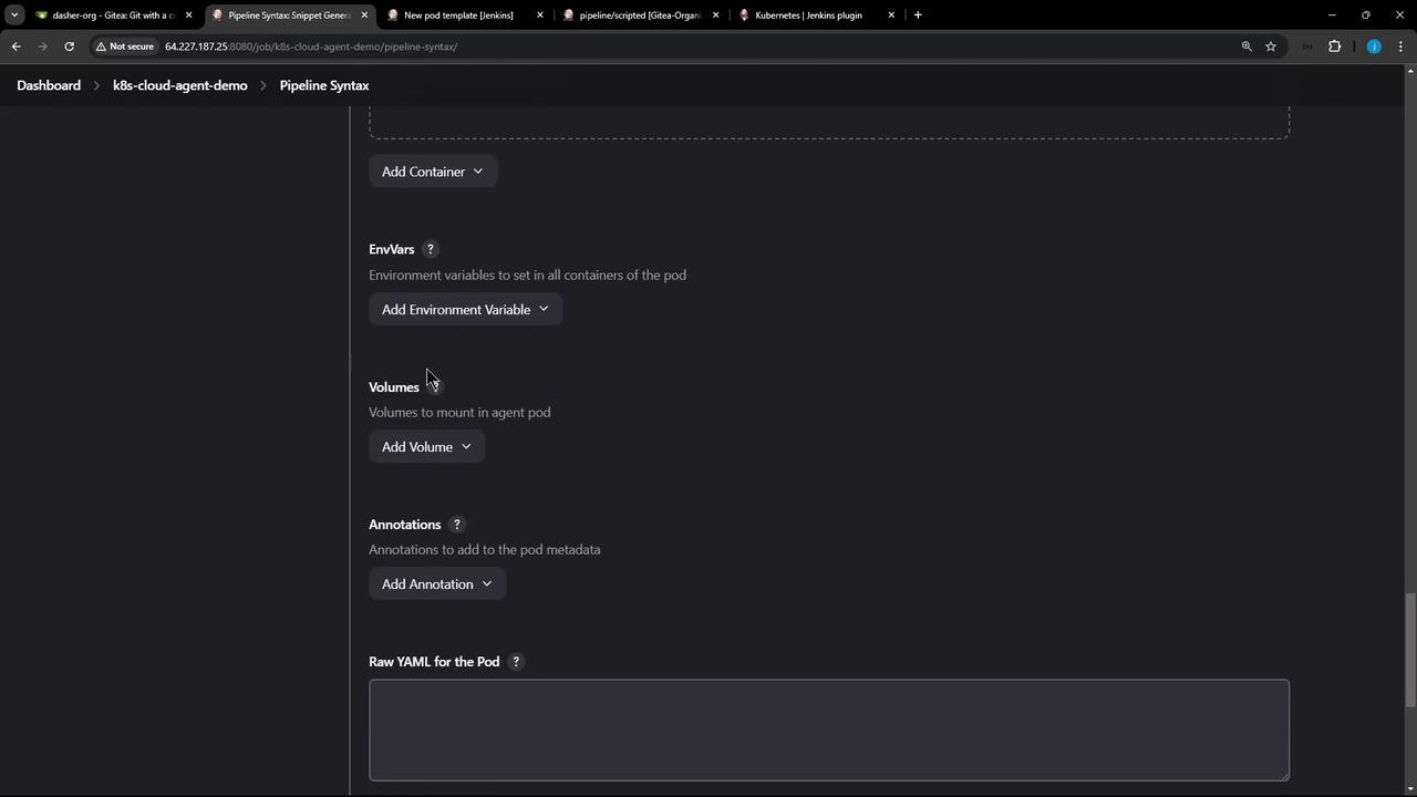 The image shows a web interface for configuring a Kubernetes pod in Jenkins, with options to add containers, environment variables, volumes, annotations, and raw YAML.