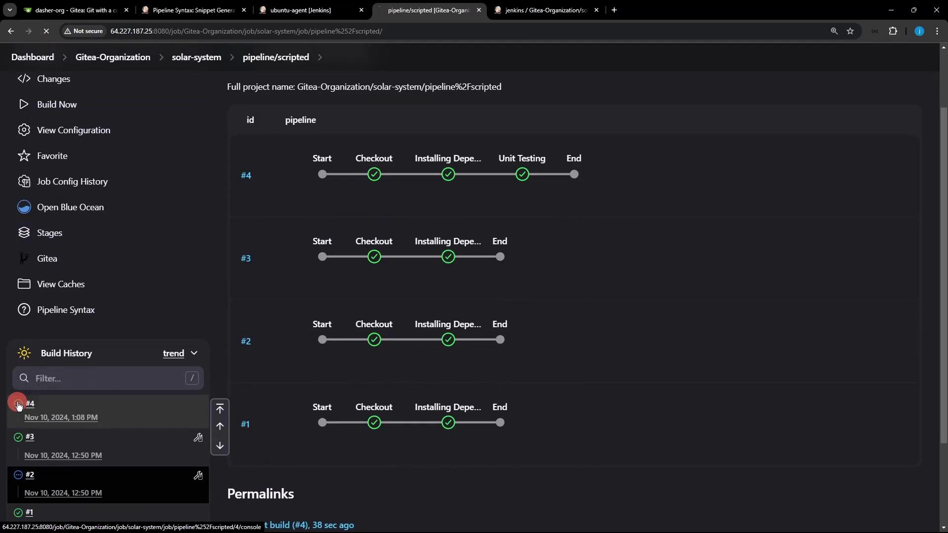 The image shows a Jenkins pipeline interface with multiple build stages, including "Checkout," "Installing Dependencies," and "Unit Testing," all marked as successful. The sidebar contains options like "Build Now" and "View Configuration."