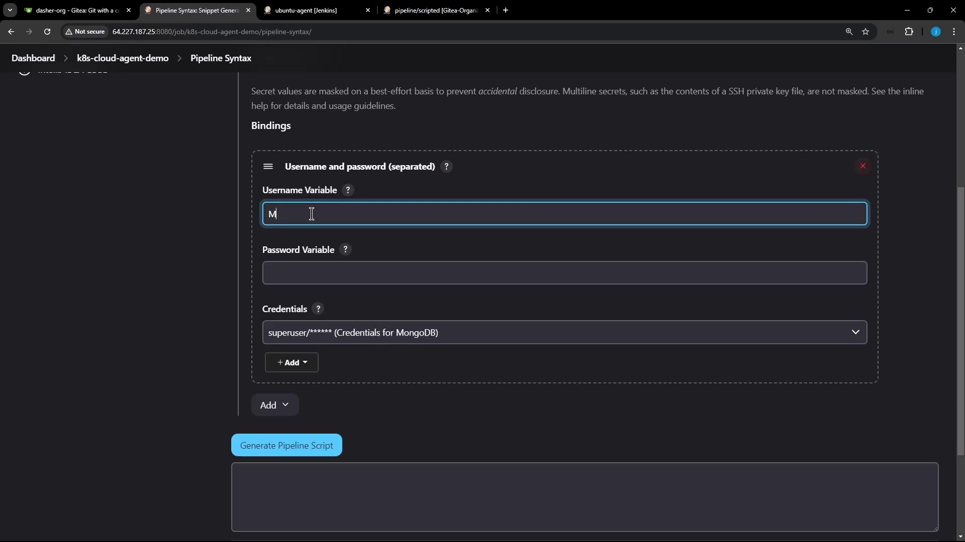The image shows a Jenkins Pipeline Syntax configuration screen where a user is setting up username and password variables for MongoDB credentials. The interface includes fields for entering the username and password variables, and a dropdown to select credentials.
