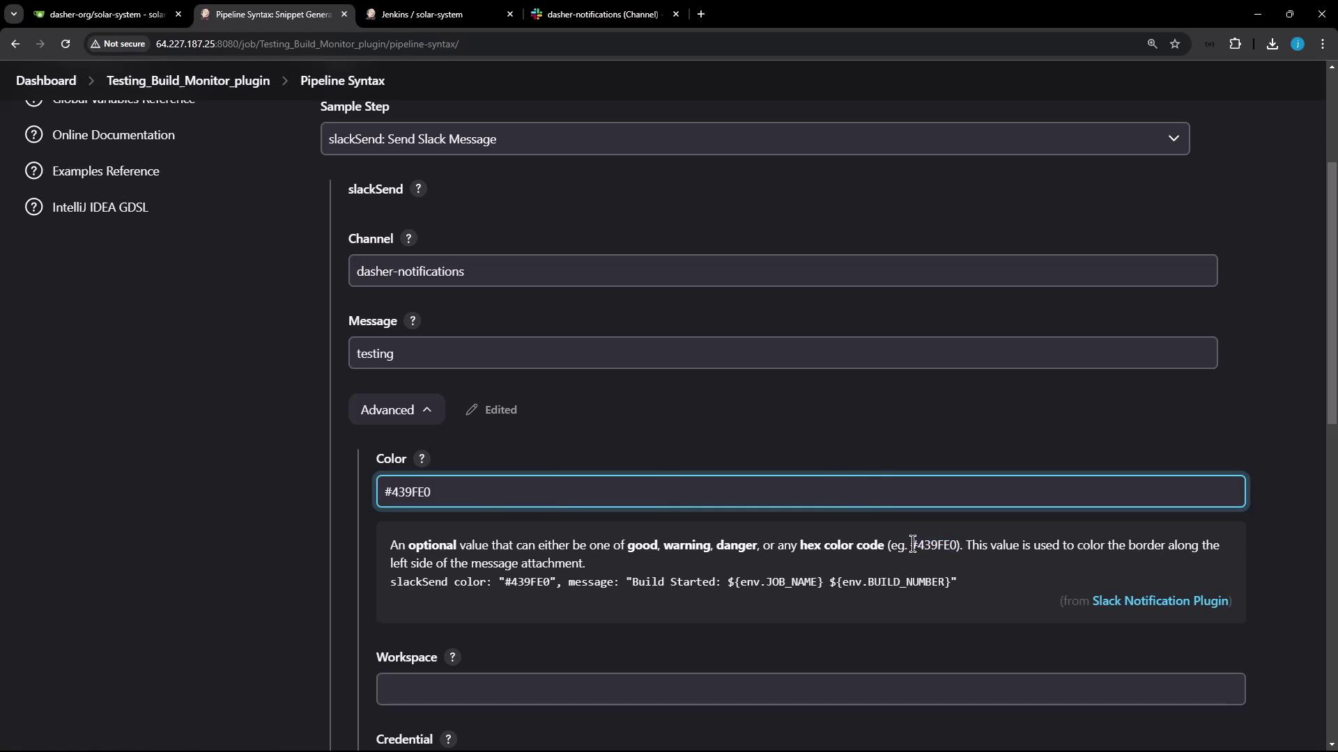 The image shows a Jenkins pipeline syntax configuration screen for sending Slack messages, with fields for channel, message, and color settings. The color is set to a hex code, and there are options for advanced settings and workspace credentials.