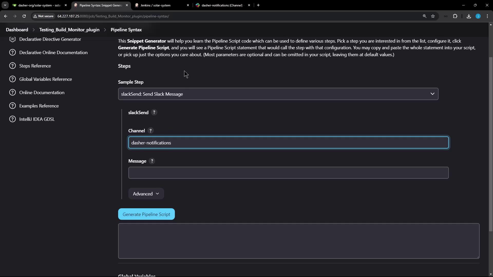 The image shows a Jenkins Pipeline Syntax page where a user is configuring a Slack message to be sent to a specific channel named "dasher-notifications."