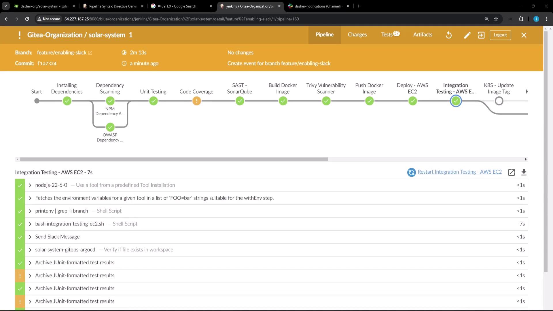 The image shows a Jenkins pipeline interface for a project named "solar-system," displaying various stages of the build process, including dependency scanning, unit testing, and deployment. Each stage is marked with a status indicator, and the integration testing stage is highlighted.