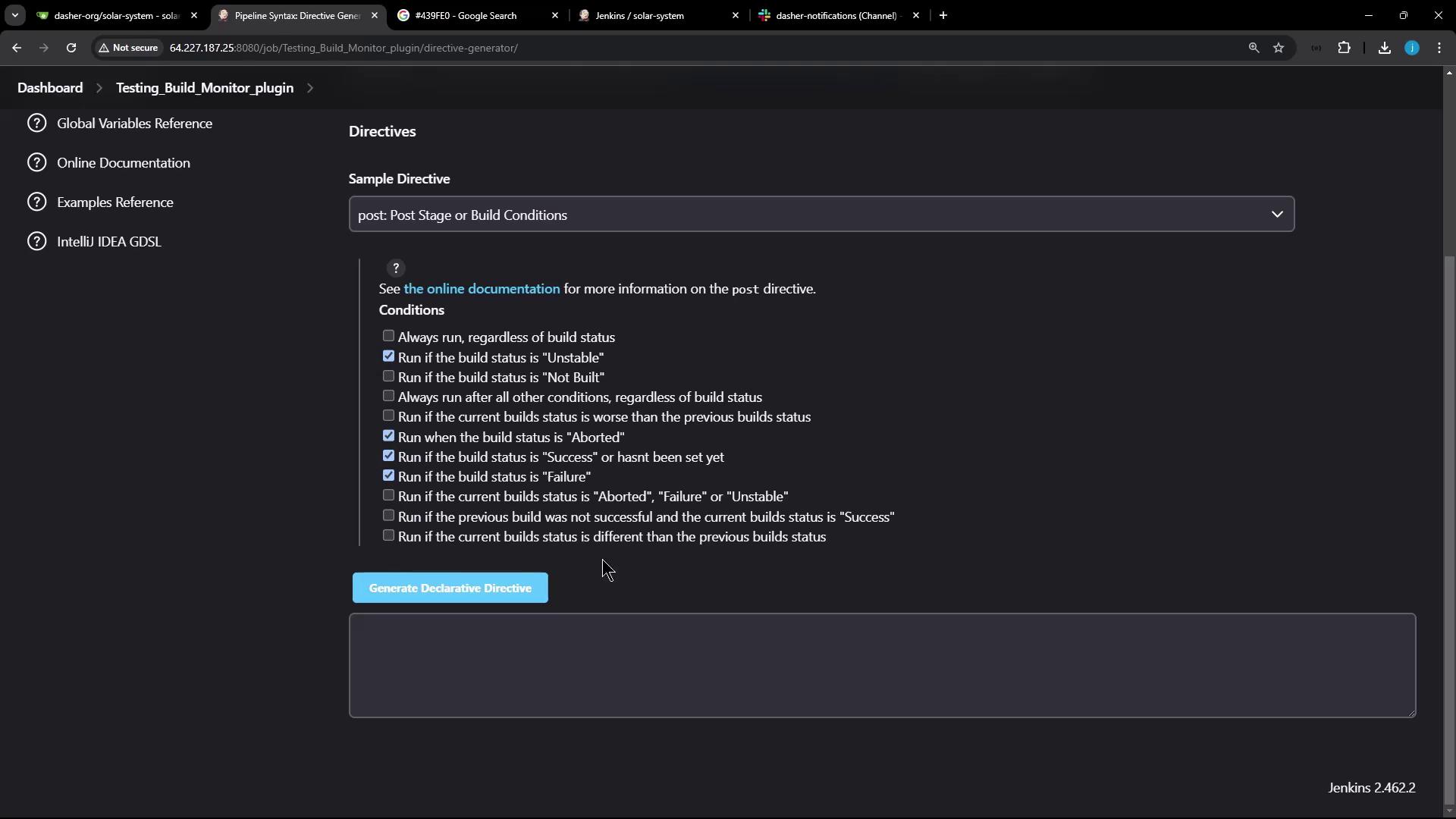 The image shows a Jenkins interface with options for setting post-stage or build conditions, including checkboxes for various build statuses.