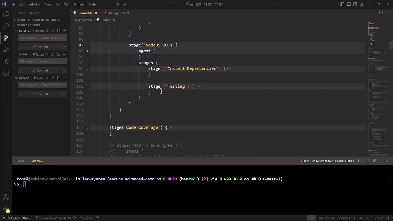 The image shows a Visual Studio Code editor with a Jenkinsfile open, displaying stages for NodeJS, installing dependencies, and testing. The terminal at the bottom indicates an SSH connection to a Jenkins controller.