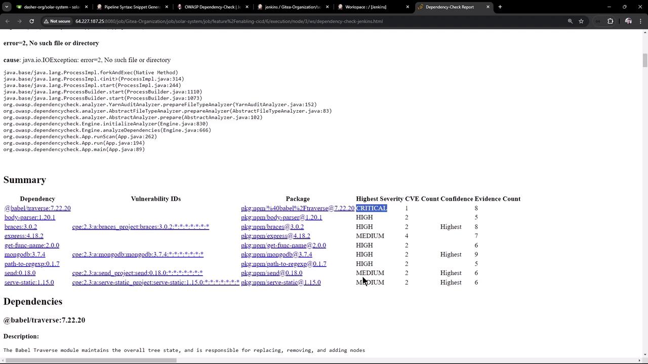 The image shows a dependency-check report with a summary of vulnerabilities in various packages, listing their highest severity levels and other details.