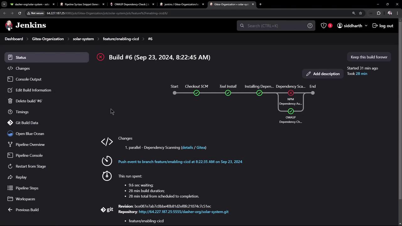 The image shows a Jenkins build status page for "Build #6" with a pipeline view, indicating stages like "Checkout SCM" and "Tool Install," and a failed "NPM Dependency Audit" step. It includes details about the build duration and changes.