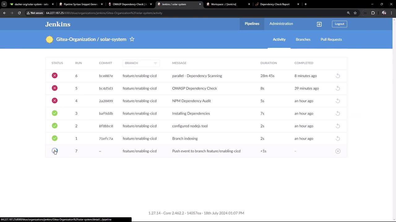 The image shows a Jenkins dashboard displaying the build status of various commits in a project named "solar-system" under the "Gitea-Organization." It lists the status, commit ID, branch, message, duration, and completion time for each build.