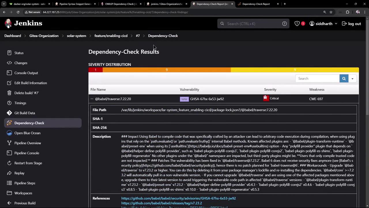 The image shows a Jenkins interface displaying Dependency-Check results, highlighting a critical vulnerability in a specific file with details such as severity, file path, and description.