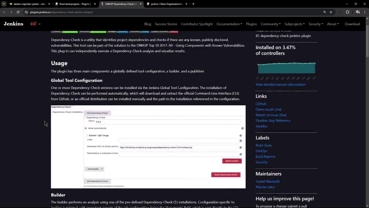 The image shows a webpage from the Jenkins website detailing the usage and configuration of the OWASP Dependency-Check plugin, including a section on global tool configuration with a form interface.