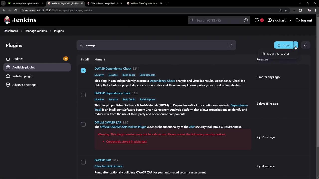 The image shows a Jenkins interface displaying a list of available plugins related to OWASP, with options to install them. The interface includes details about each plugin, such as name, version, and description.