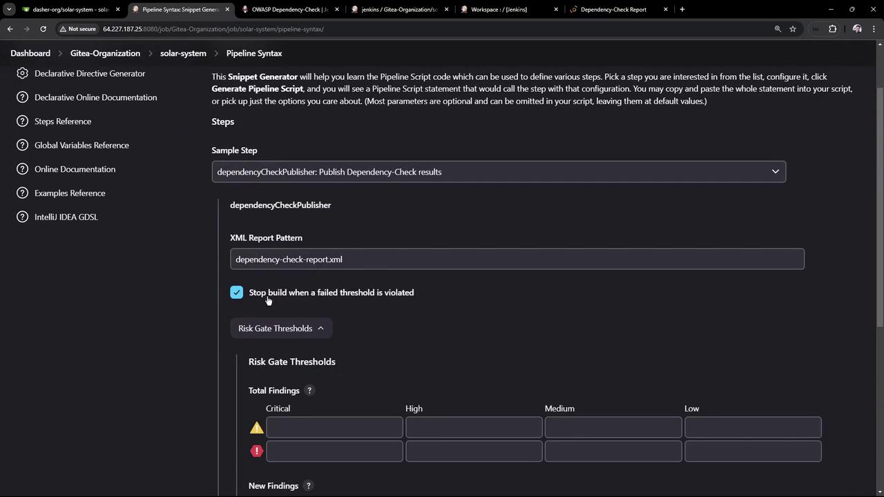 The image shows a Jenkins Pipeline Syntax configuration page for publishing Dependency-Check results, with options for setting XML report patterns and risk gate thresholds.