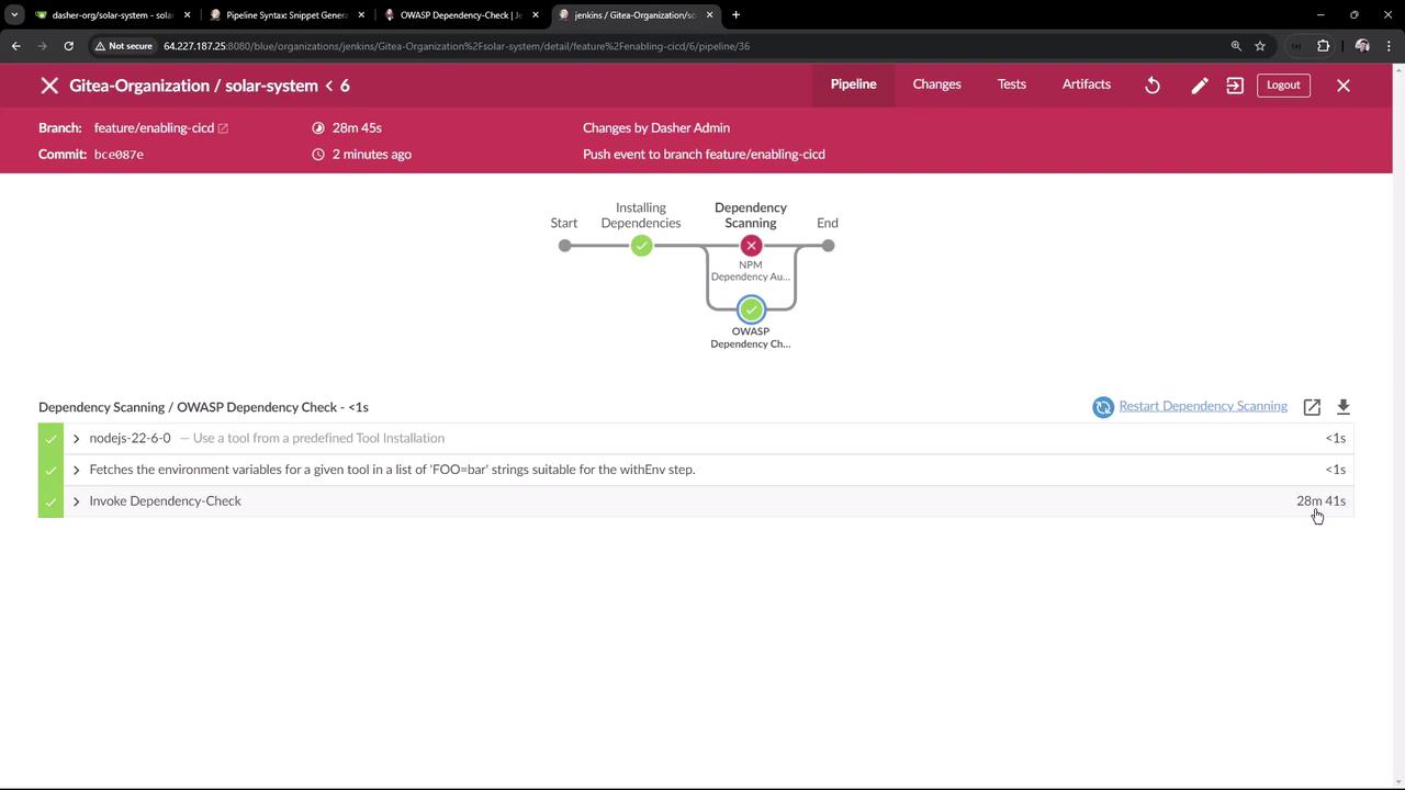 The image shows a Jenkins pipeline interface for a project named "solar-system" under "Gitea-Organization." It displays the progress of a build process, highlighting a failed NPM dependency audit and a successful OWASP dependency check.