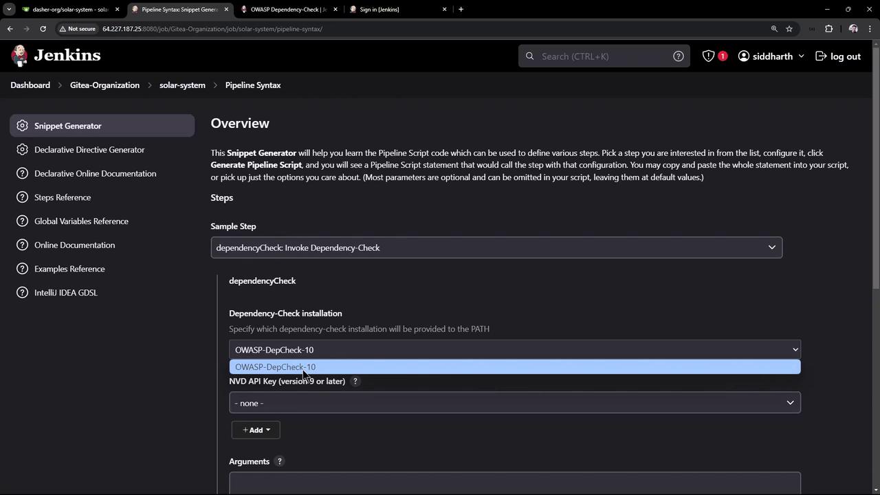 The image shows a Jenkins interface with a "Snippet Generator" for creating pipeline scripts, specifically focusing on invoking a dependency check using OWASP-DepCheck-10. The interface includes options for selecting dependency-check installations and adding arguments.