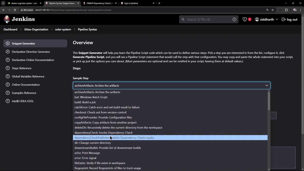 The image shows a Jenkins interface with a "Snippet Generator" for creating pipeline scripts. It includes a dropdown menu with various sample steps like "archiveArtifacts" and "dependencyCheckPublisher."
