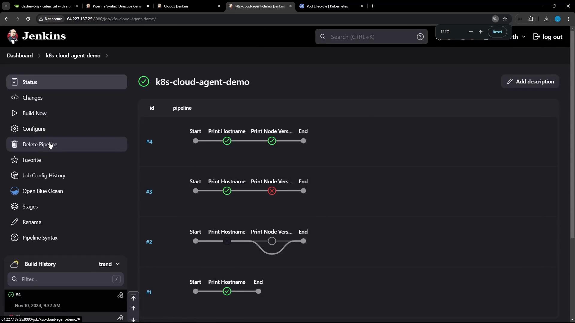 The image shows a Jenkins dashboard displaying the status of a pipeline named "k8s-cloud-agent-demo," with several stages and their execution results. The interface includes options like "Delete Pipeline" and "Open Blue Ocean" on the left sidebar.