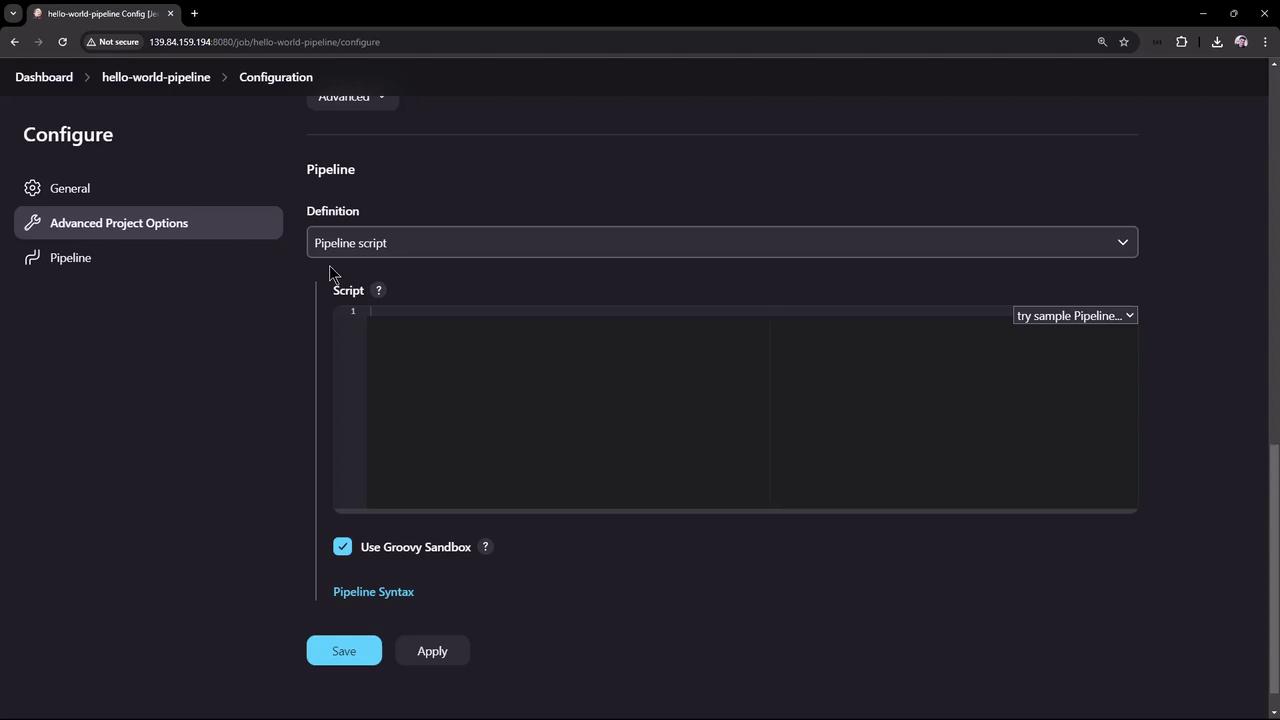 The image shows a configuration screen for a "hello-world-pipeline" in a web interface, where a pipeline script can be defined and edited. There are options to use a Groovy Sandbox and buttons to save or apply changes.