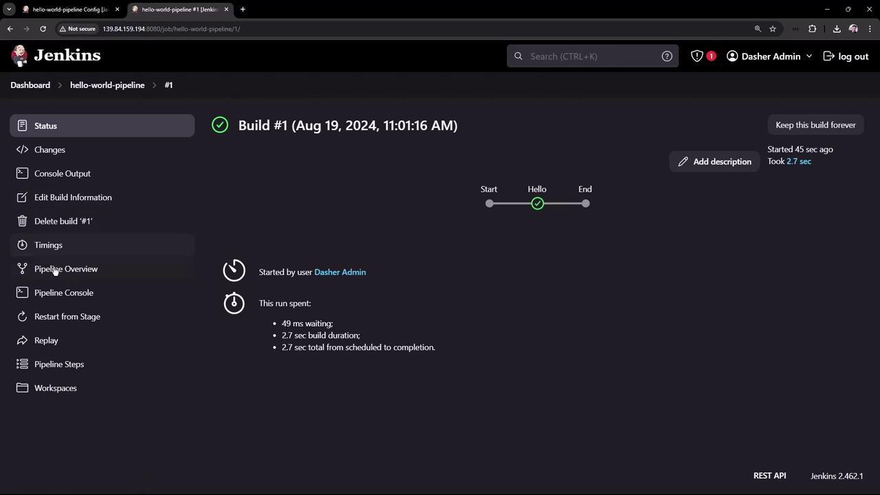 The image shows a Jenkins dashboard displaying the status of a build process, including details like build duration and timing. The interface includes options for viewing console output, editing build information, and pipeline overview.