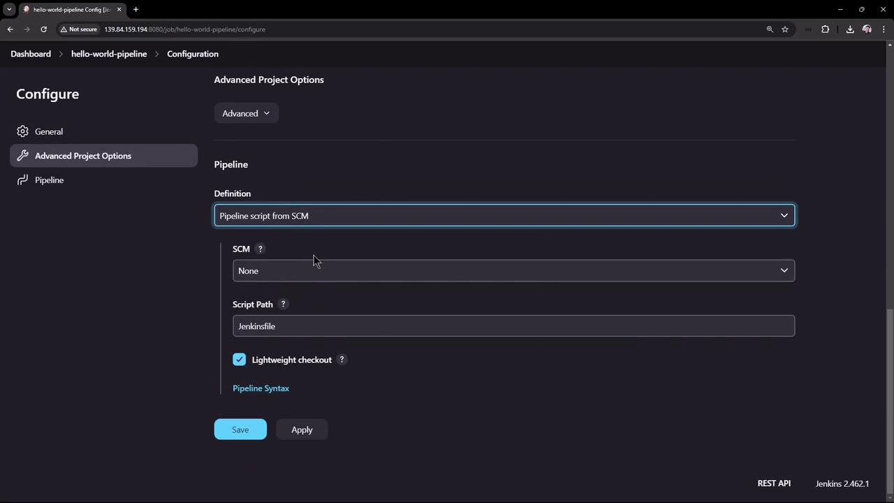 The image shows a Jenkins configuration screen for a pipeline project, with options for defining the pipeline script from SCM, selecting SCM type, and specifying the script path.