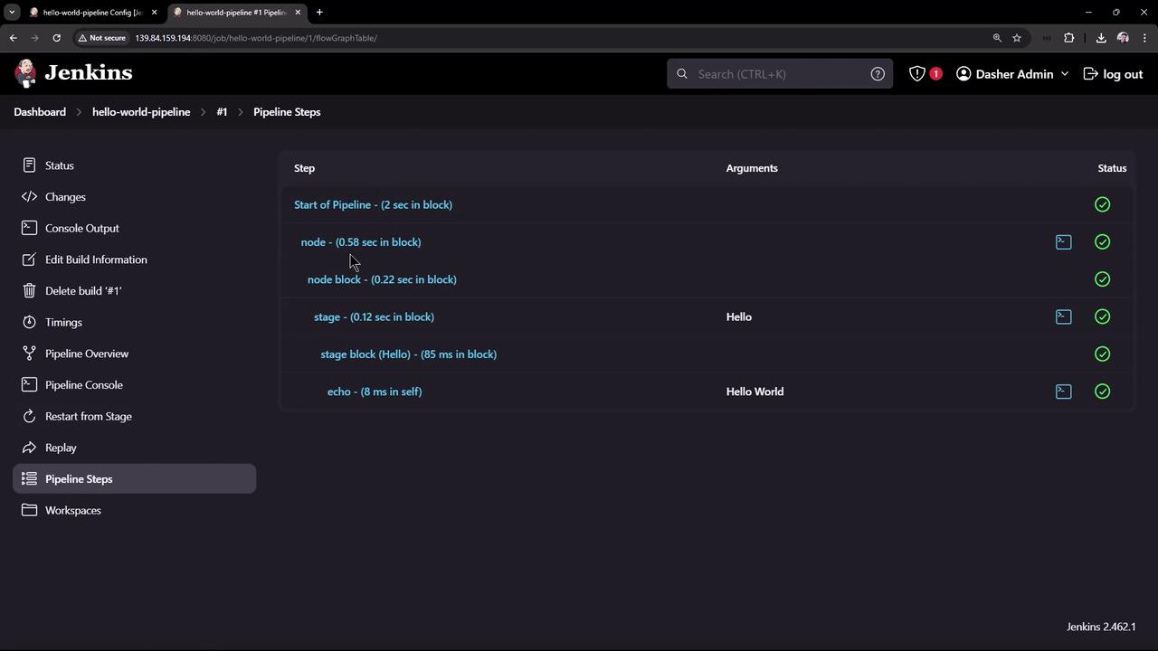 The image shows a Jenkins interface displaying the steps of a pipeline execution, including stages and their execution times. The pipeline steps are listed with their respective arguments and status indicators.
